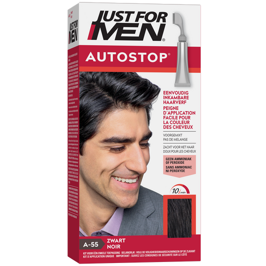 Just For Men Autostop zwart A55 hair coloring tube, 35g, showing the black hair dye product with packaging and applicator nozzle.