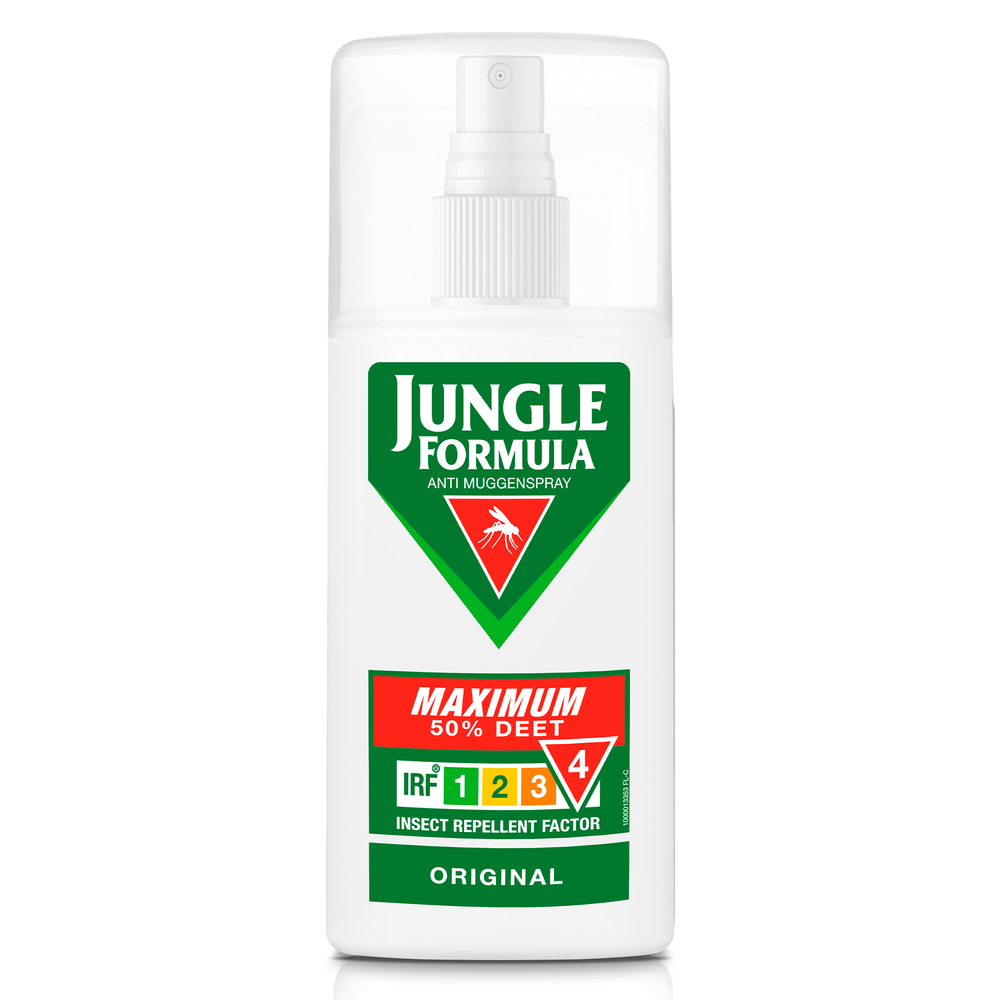 Jungle Formula Maximum insect repellent spray for mosquito bites and stings, 75ml bottle with label and spray nozzle.