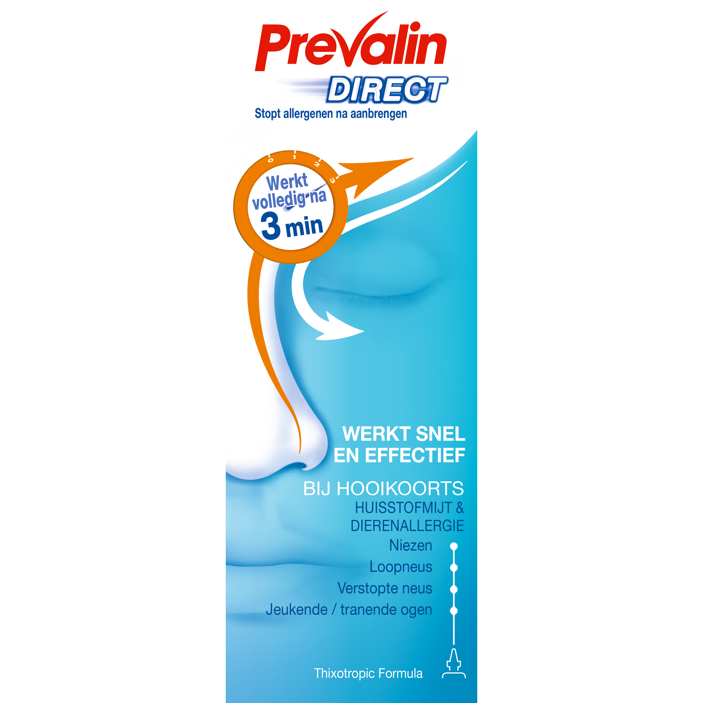 Prevalin Direct allergy nasal spray bottle for hay fever and allergy relief, 20ml, with nozzle for targeted application.