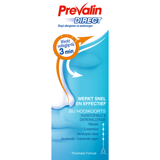 Prevalin Direct allergy nasal spray bottle for hay fever and allergy relief, 20ml, with nozzle for targeted application.