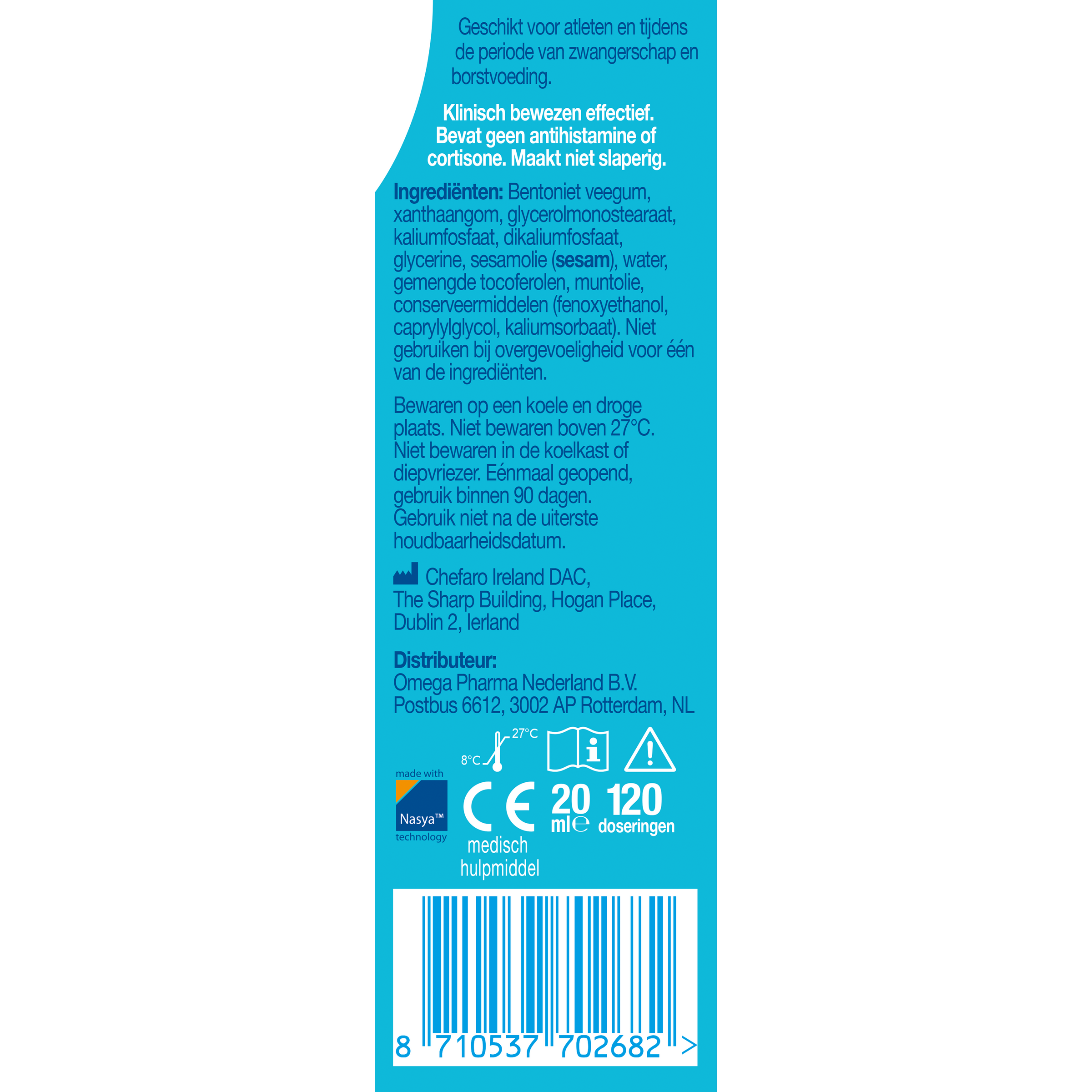 Prevalin Direct allergy nasal spray bottle, 20ml, for hay fever and allergy relief, with a clear nozzle and cap.