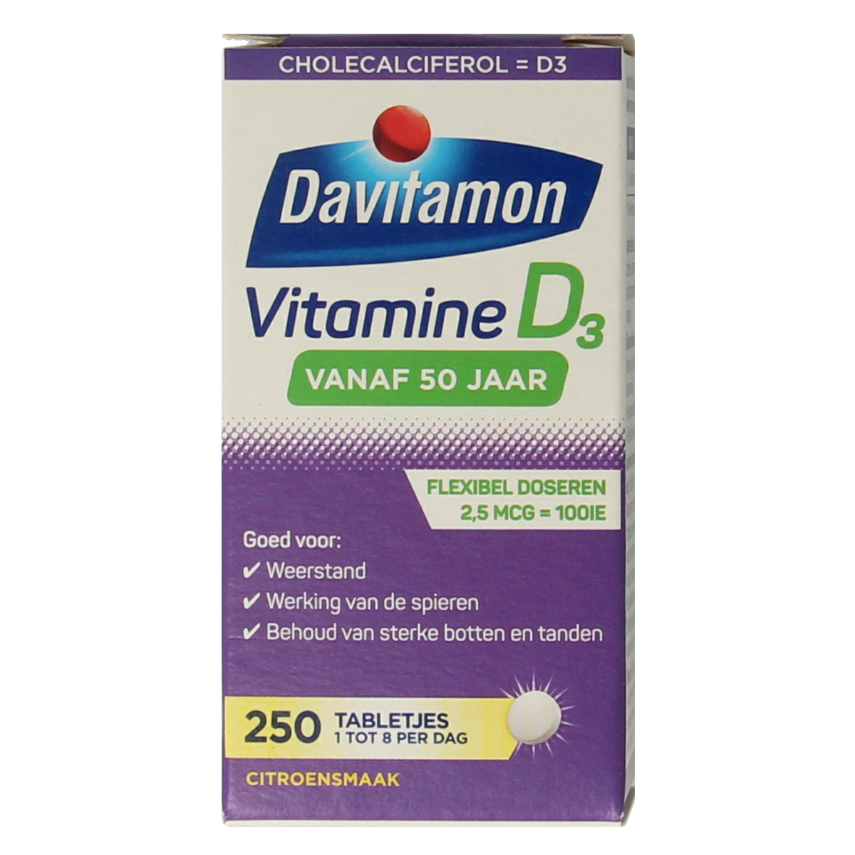 Davitamon Vitamin D 50+ tablets bottle, dietary supplement for adults, with 250 tablets visible in the image.