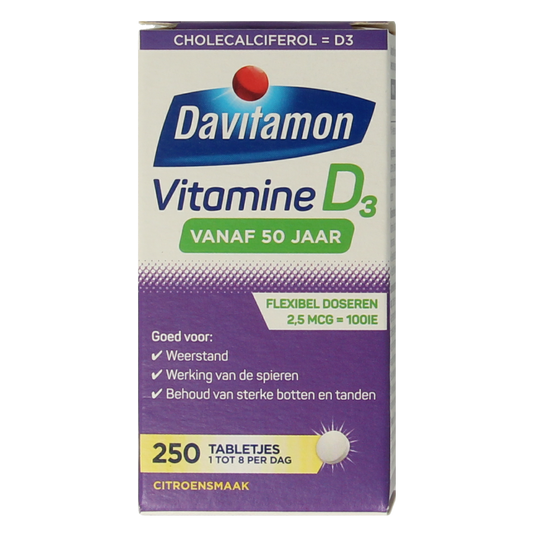 Davitamon Vitamin D 50+ tablets bottle, dietary supplement for adults, with 250 tablets visible in the image.