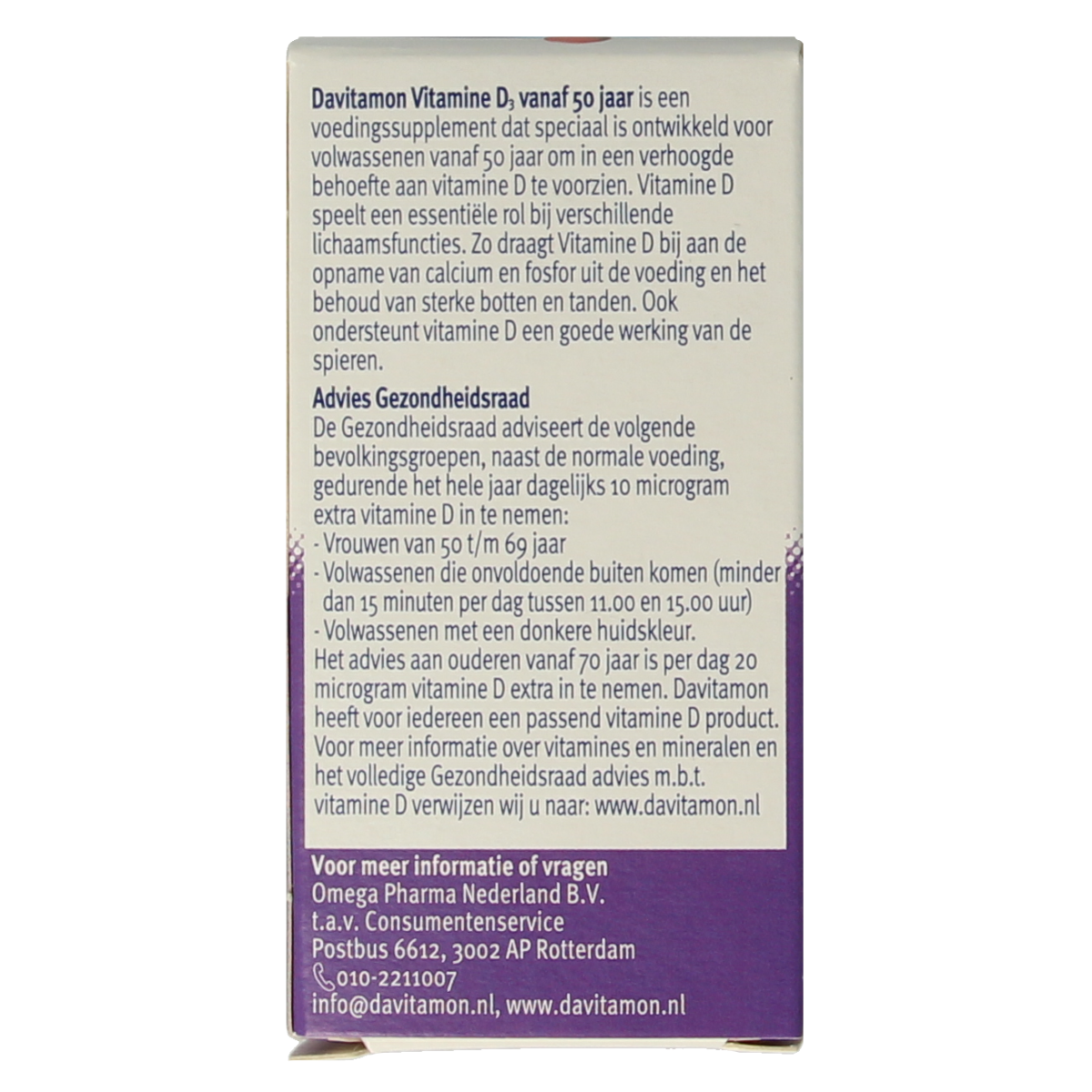 Davitamon Vitamine D 50+ tablets, dietary supplement for seniors, shown in a blister pack with 250 tablets.
