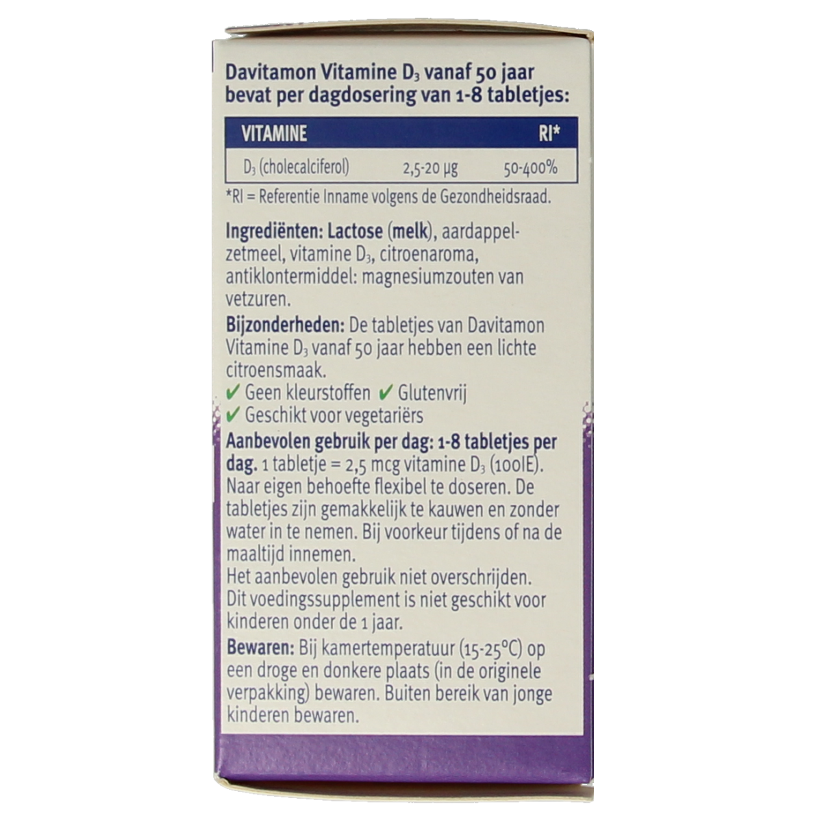 Davitamon Vitamine D 50+ tablets, dietary supplement for adults, showing a bottle of 250 tablets on a white background.