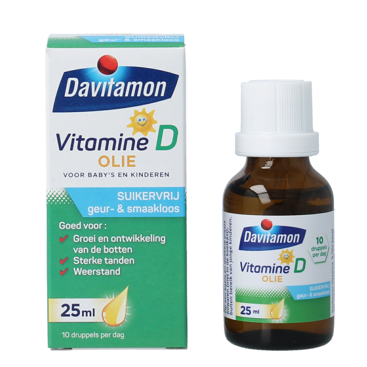 Davitamon Vitamine D olie 25ml bottle, natural vitamin D supplement in a clear glass bottle with a dropper cap