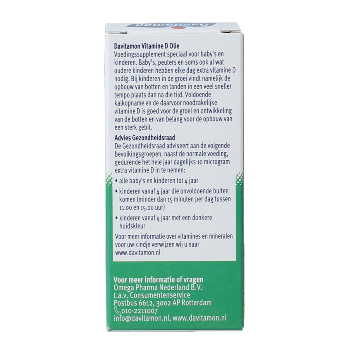 Davitamon Vitamine D olie 25ml bottle containing natural vitamin D supplement in a clear glass bottle with a white cap