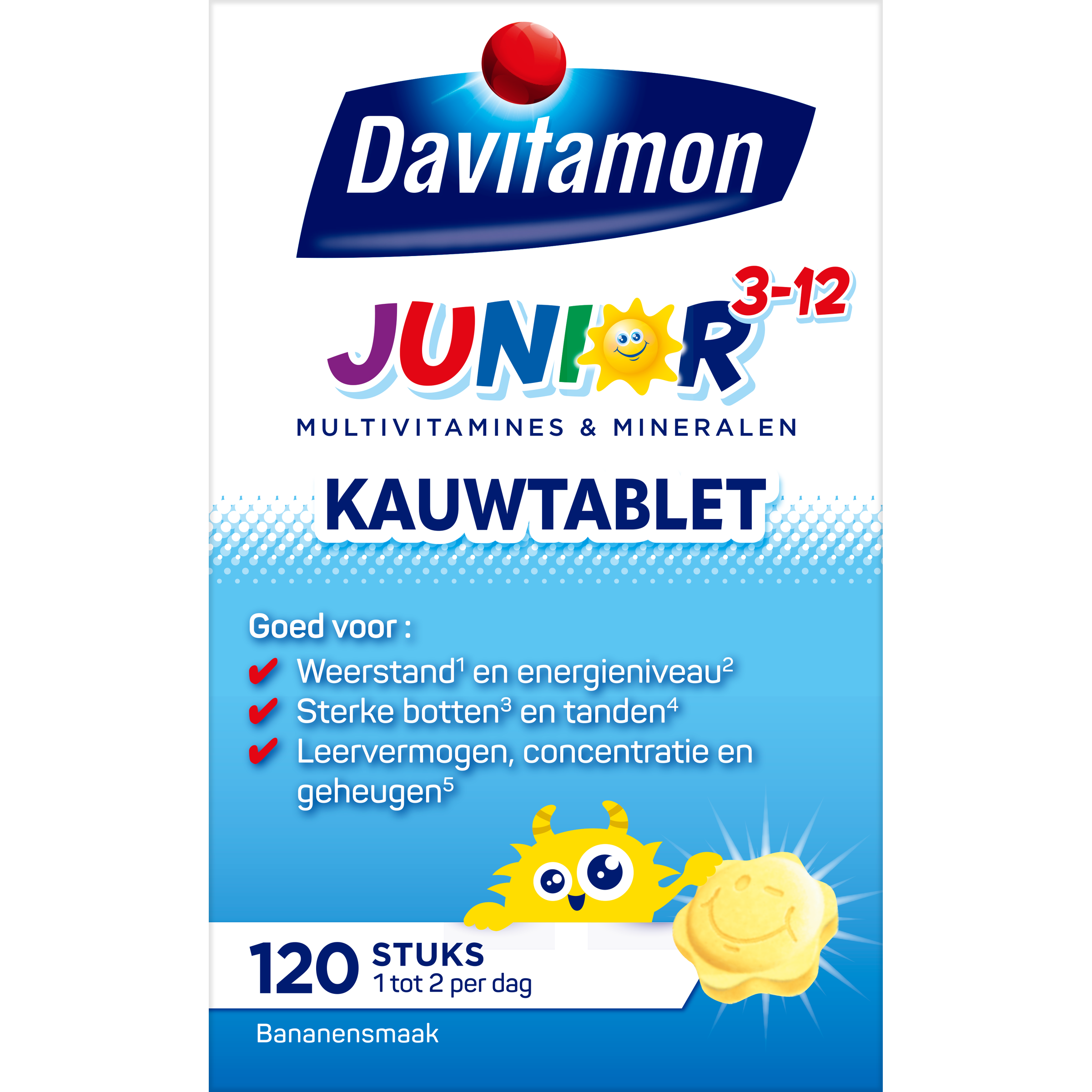 Davitamon Junior multivitamin chewable tablets in banana flavor, 120-count, for children aged 3-12.