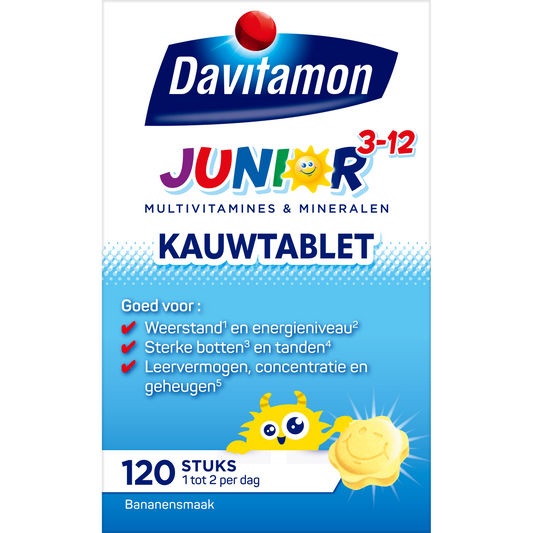 Davitamon Junior multivitamin chewable tablets in banana flavor, 120-count, for children aged 3-12.