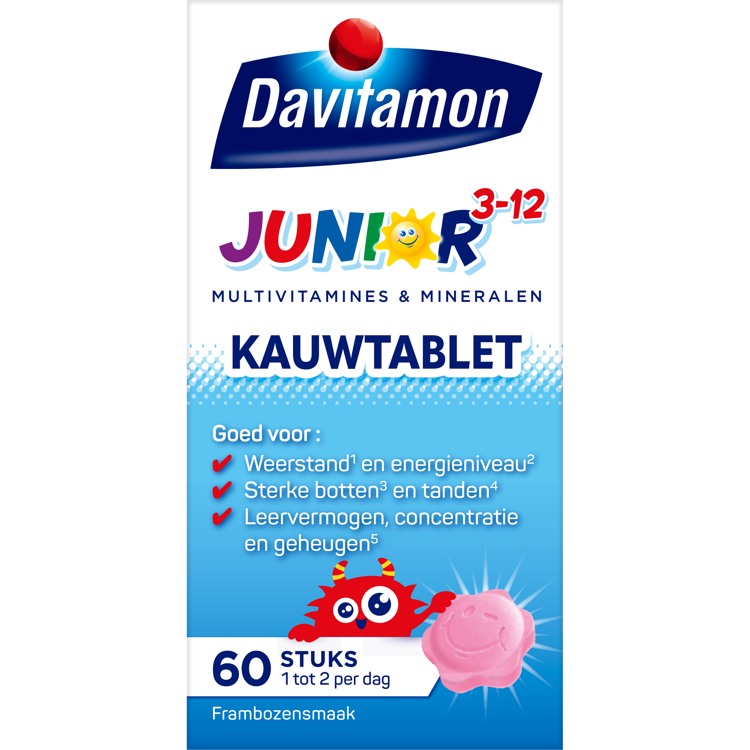 Davitamon Junior 3+ raspberry-flavored chewable multivitamin tablets for children, showing the packaging and tablets.