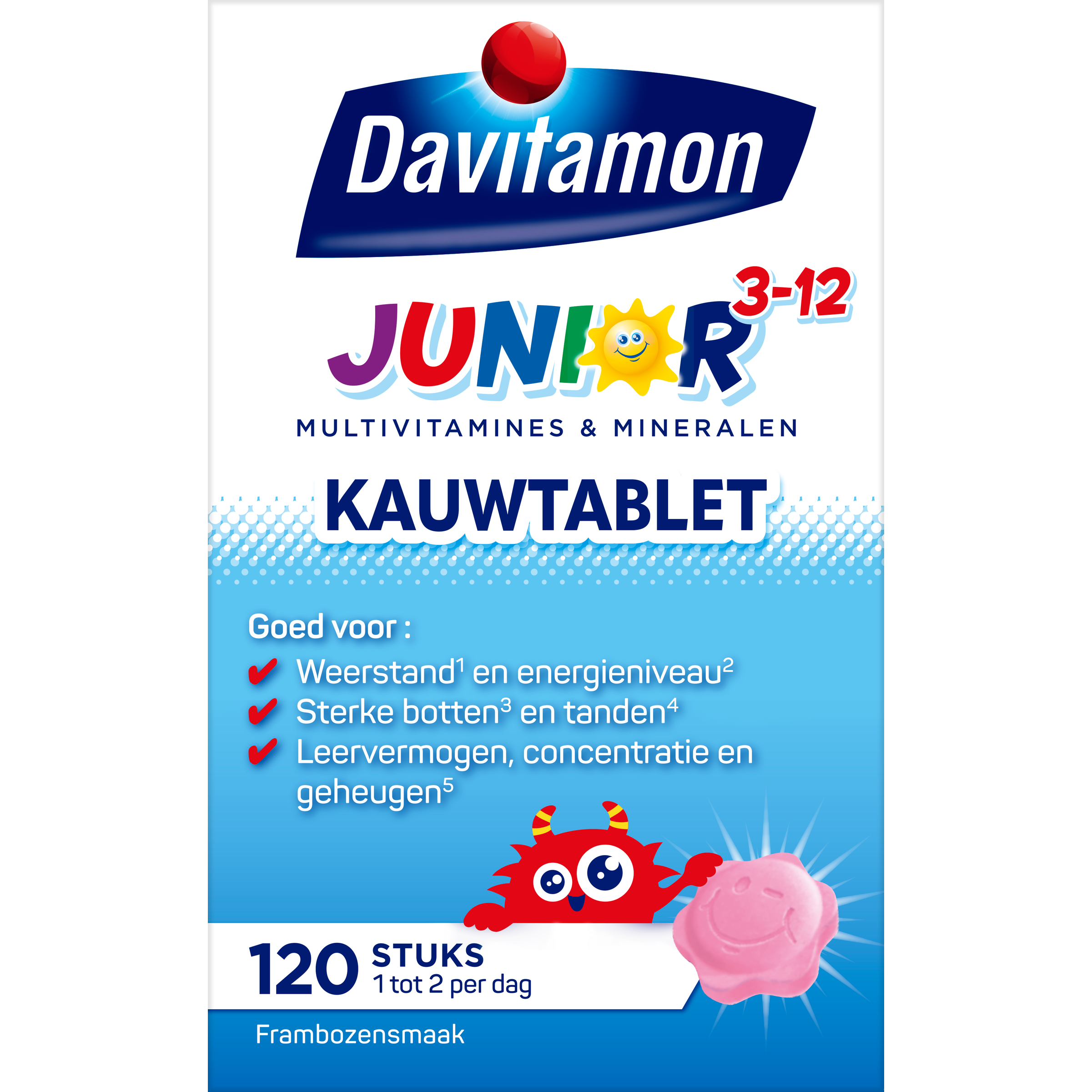 Davitamon Junior 3-12 multivitamin chewable tablets with raspberry flavor for children aged 3-12, shown in blister packaging.
