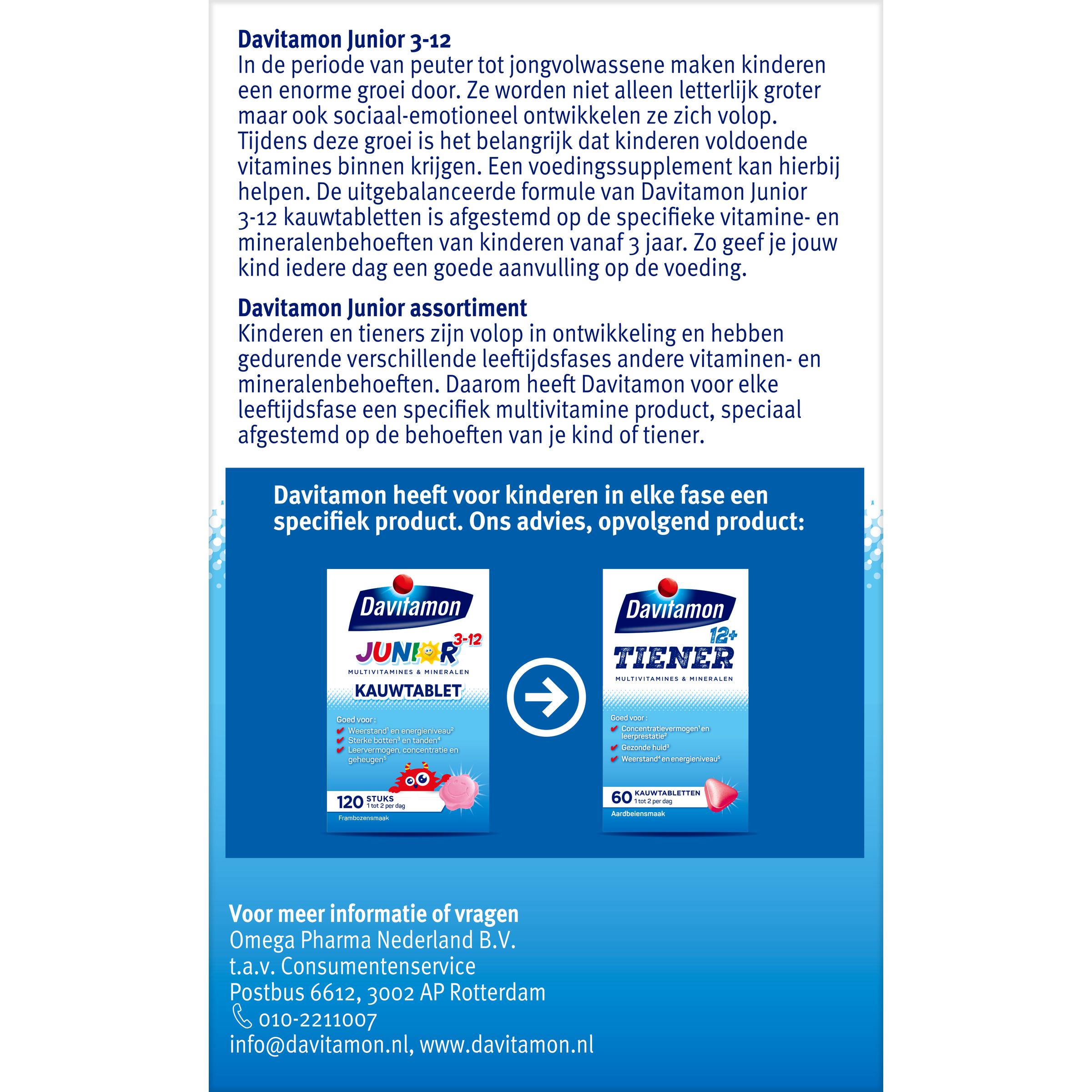 Davitamon Junior 3-12 framboos chewable multivitamin tablets in a colorful package for children aged 3-12.