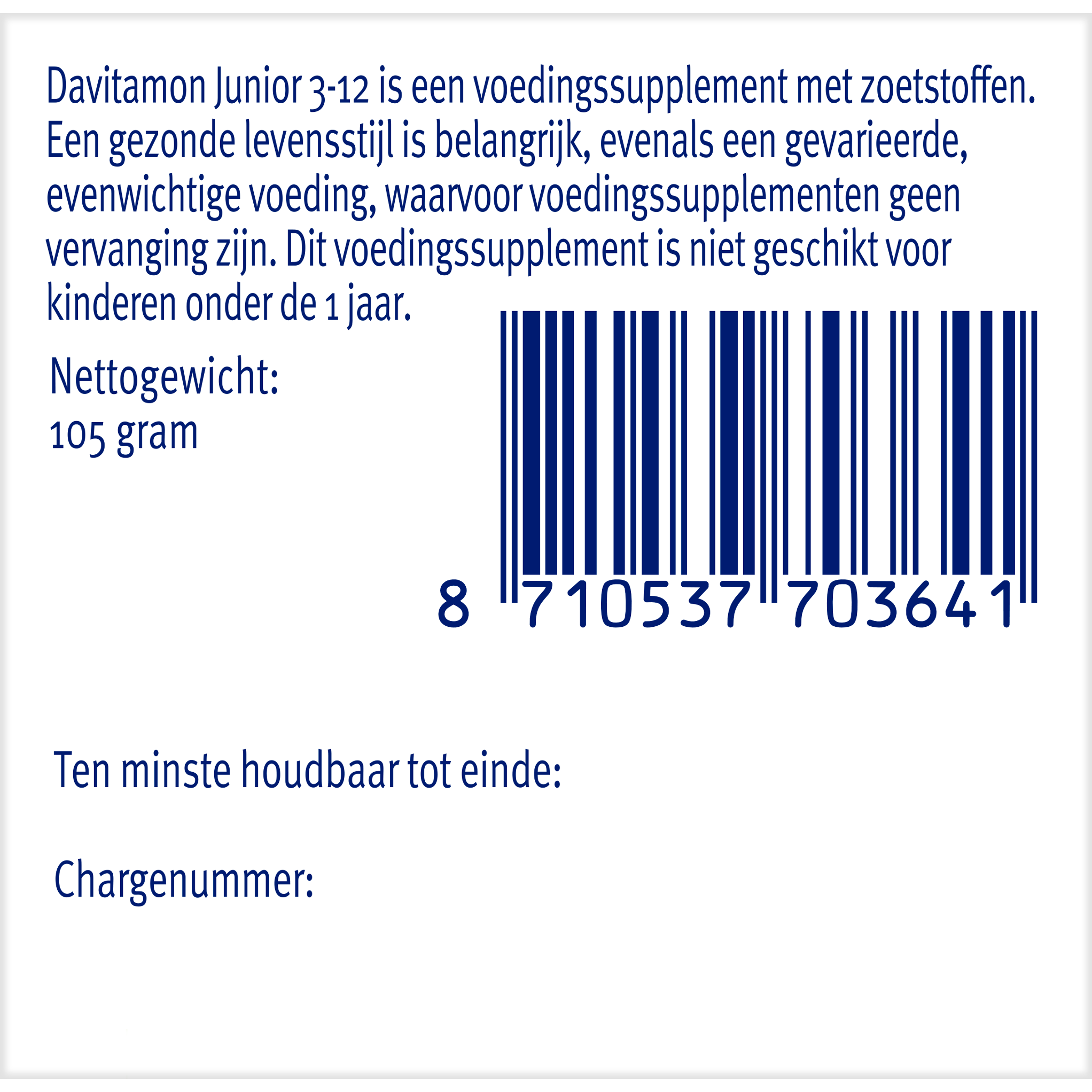 Davitamon Junior 3-12 framboos chewable multivitamin tablets for children, featuring raspberry flavor.