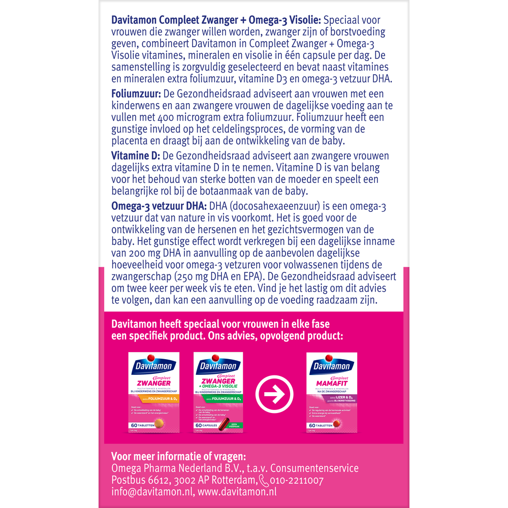 Davitamon Compleet Zwanger Plus Visolie multivitamine capsules, 60-count, for pregnant women with omega-3 fatty acids.