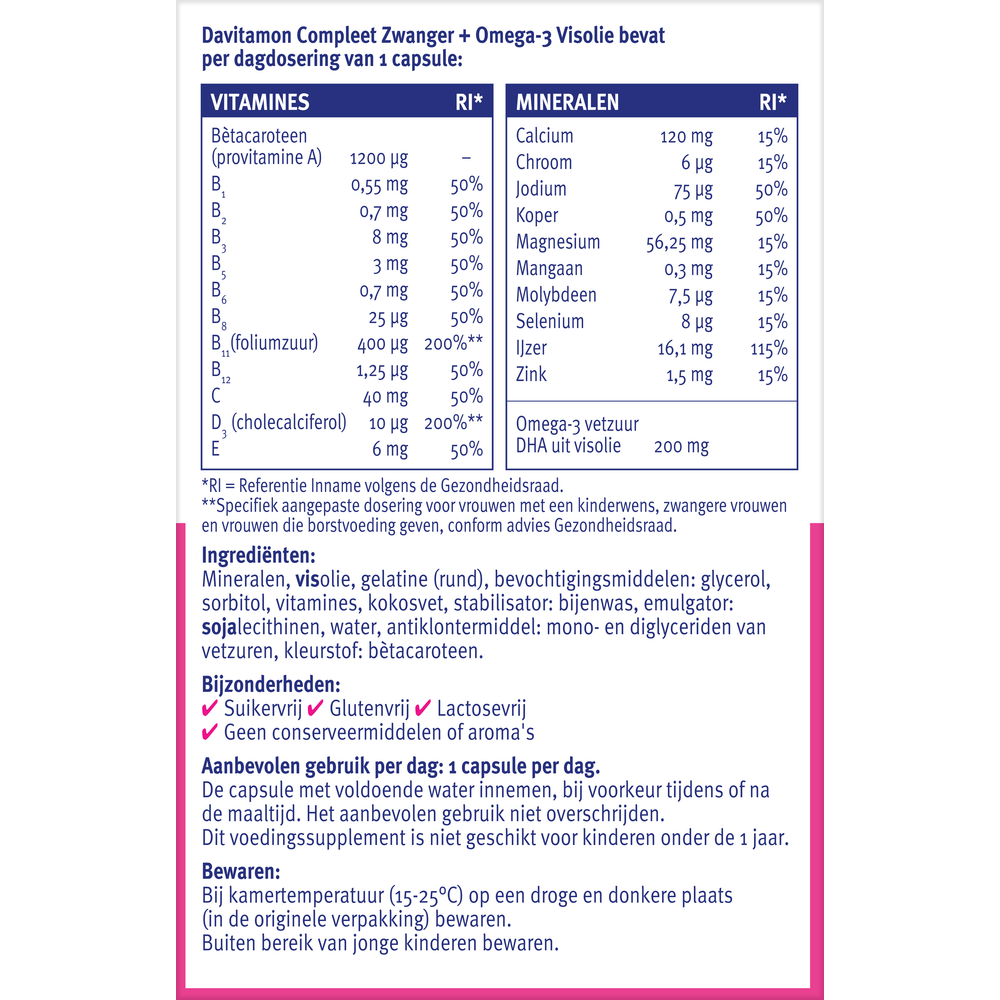 Davitamon Compleet Zwanger Plus Visolie multivitamin capsules for pregnancy and omega-3 fish oil, 60 capsules