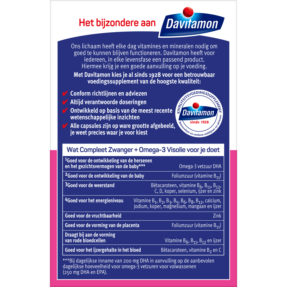 Davitamon Compleet Zwanger Plus Visolie multivitamin capsules for pregnancy with omega-3, 60 capsules in a white bottle