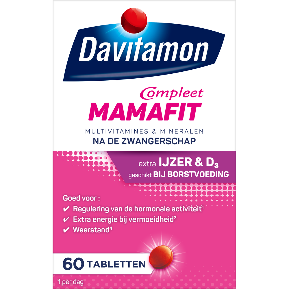 Davitamon Mama Fit multivitamin tablets for pregnant women, showing a bottle of 60 tablets with label and tablets inside.