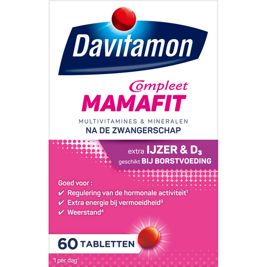 Davitamon Mama Fit multivitamin tablets for pregnant women, showing a bottle of 60 tablets with label and tablets inside.