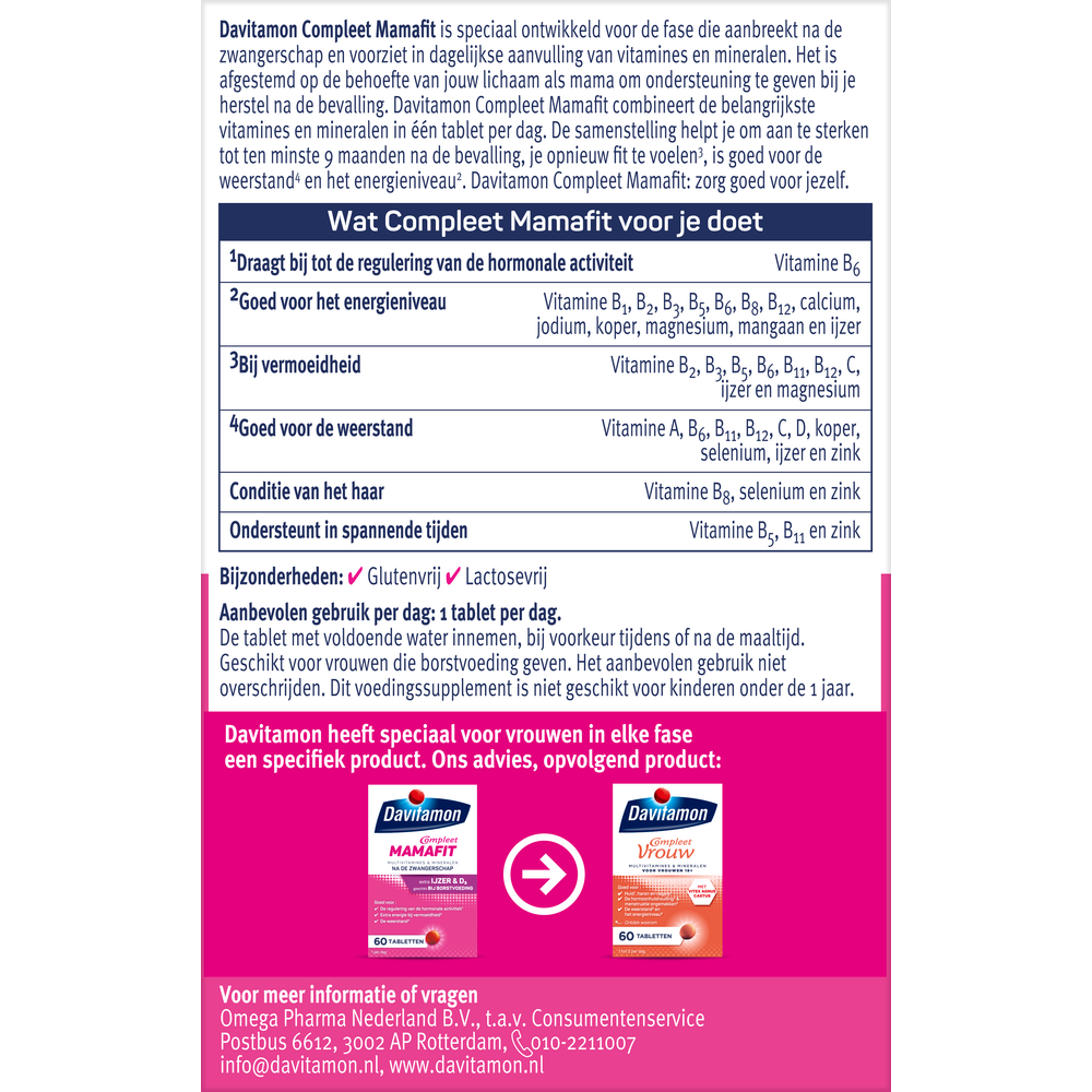Davitamon Mama Fit multivitamin tablets for pregnant women, 60 count, with colorful tablets in blister pack.