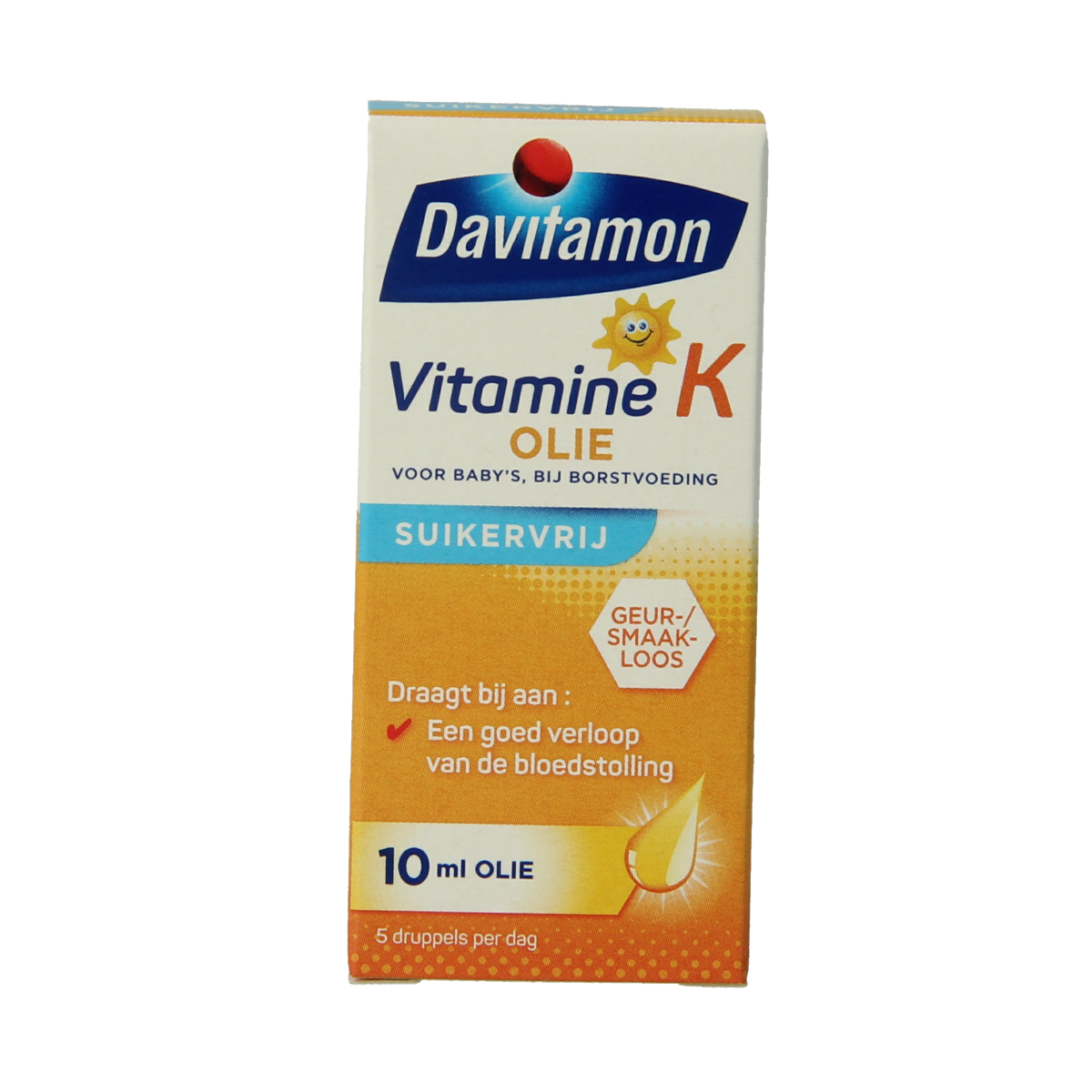 Davitamon Vitamine K olie 10ml bottle, natural vitamin supplement for health, with clear label and dropper cap.