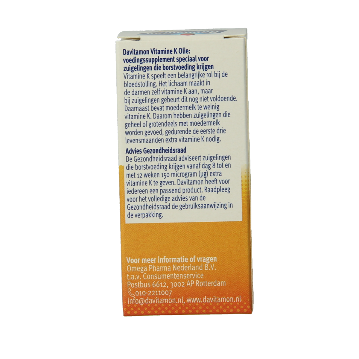 Davitamon Vitamine K olie in 10ml bottle, natural supplement for vitamin K intake, with dropper for easy use.