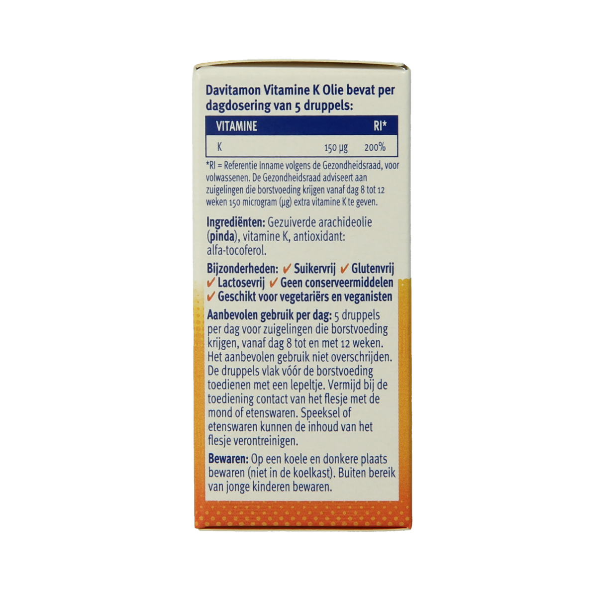 Davitamon vitamine K olie in 10ml bottle, natural supplement with dropper for easy dosage, clear label on the packaging.