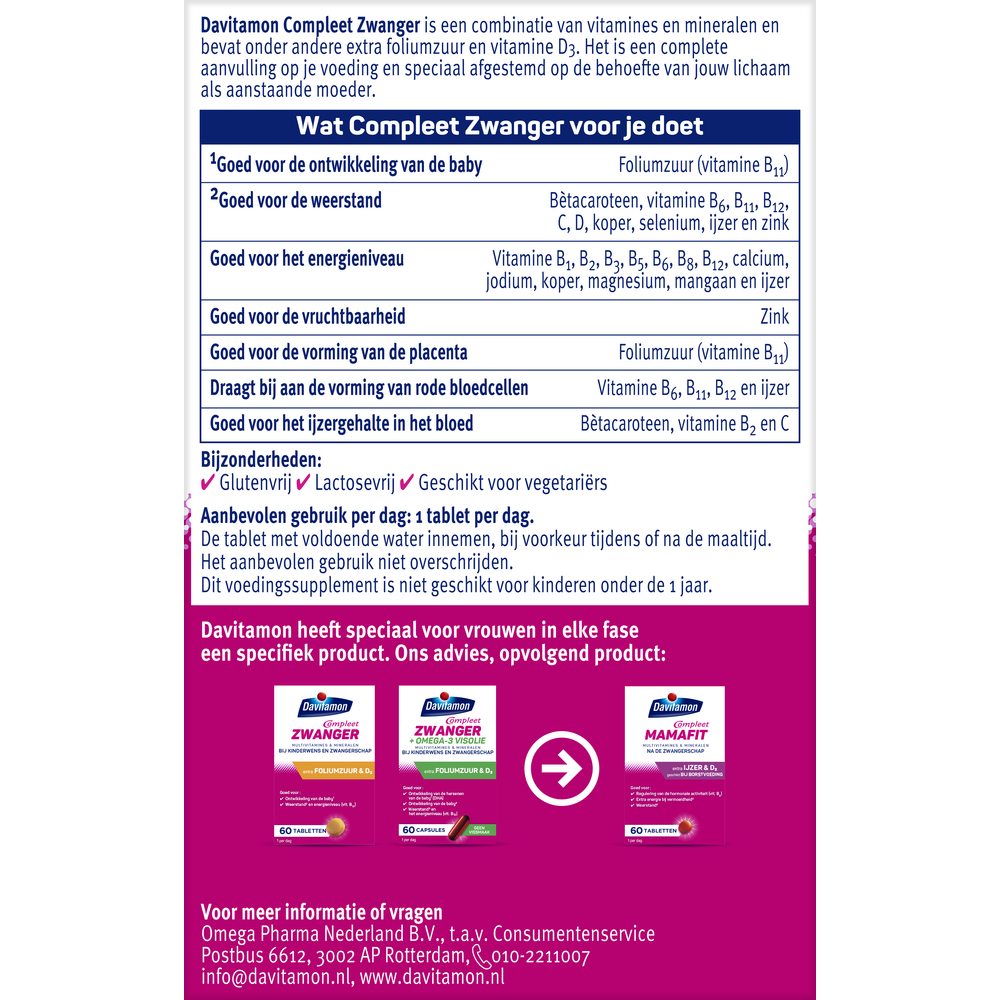Davitamon Compleet Zwanger multivitamine tabletten in een open doos, voor zwangere vrouwen, 60 stuks.