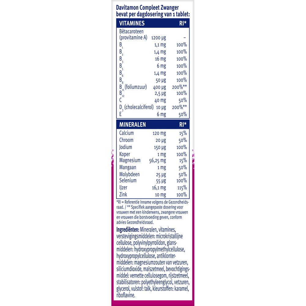 Davitamon Compleet Zwanger multivitamine tabletten in een open doos, supplement voor zwangere vrouwen, vitaminecomplex