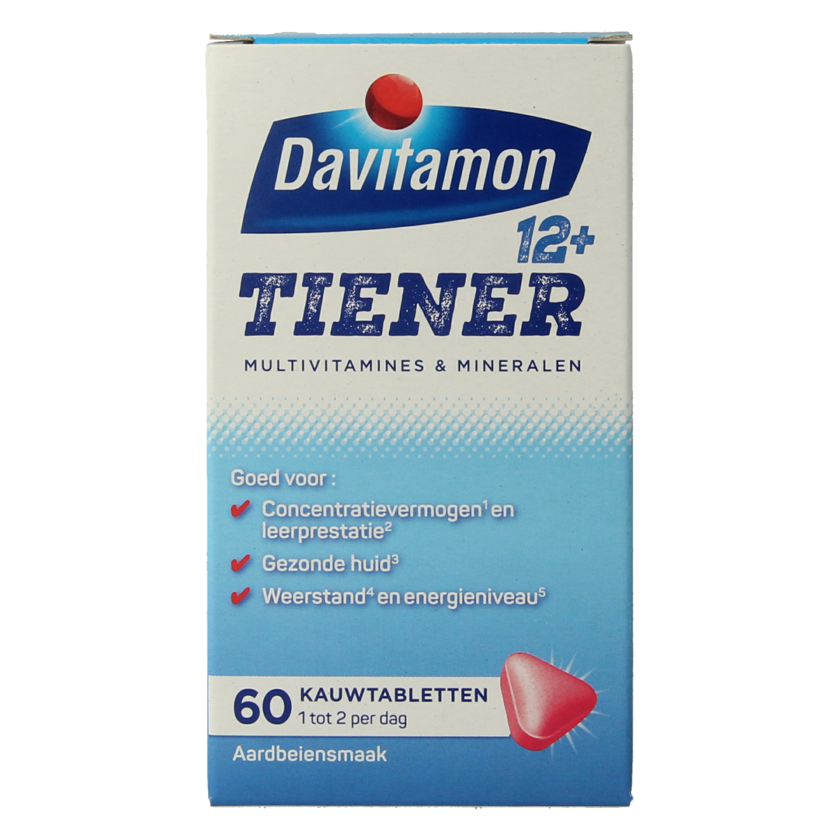 Davitamon Tiener Boost 12+ aardbei multivitamine tabletten, 60 stukjes, voor tienerjongens en -meisjes.