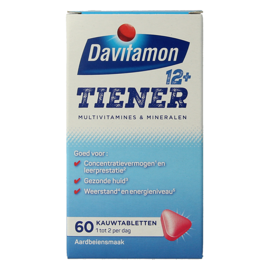 Davitamon Tiener Boost 12+ aardbei multivitamine tabletten, 60 stukjes, voor tienerjongens en -meisjes.