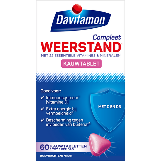 Davitamon Compleet weerstand multivitamine kauwtabletten in bosvruchten smaak, 60 stuks, for immune support and daily health.
