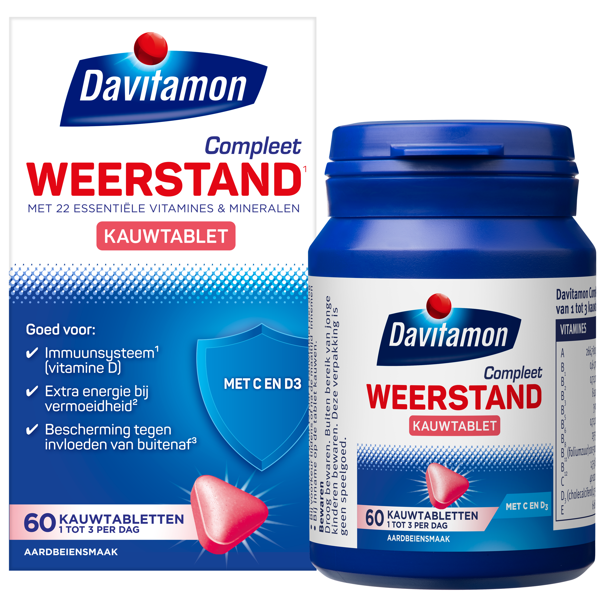 Davitamon Compleet weerstand kauwvitamines aardbei flavor, strawberry-flavored multivitamin chewable tablets in a blister pack