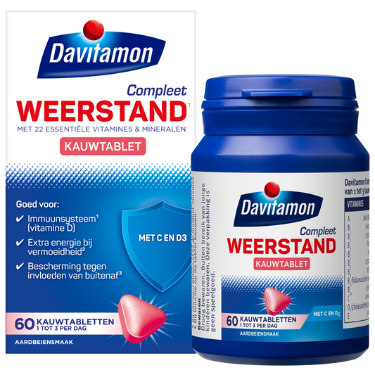 Davitamon Compleet weerstand kauwvitamines aardbei flavor, strawberry-flavored multivitamin chewable tablets in a blister pack