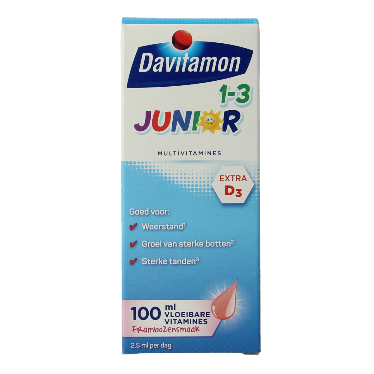 Davitamon Junior 1+ raspberry flavored liquid multivitamins in a 100ml bottle, suitable for children, with a bright colorful label.