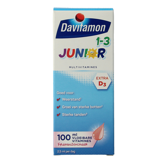 Davitamon Junior 1+ raspberry flavored liquid multivitamins in a 100ml bottle, suitable for children, with a bright colorful label.