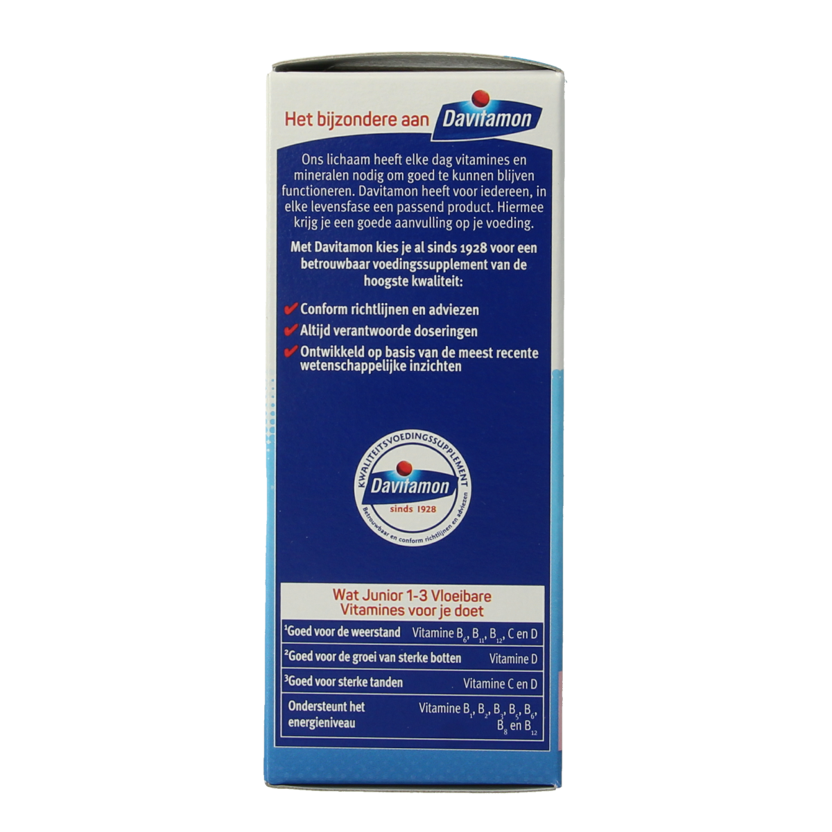 Davitamon Junior 1+ raspberry flavored liquid multivitamins in a 100ml bottle, suitable for children.