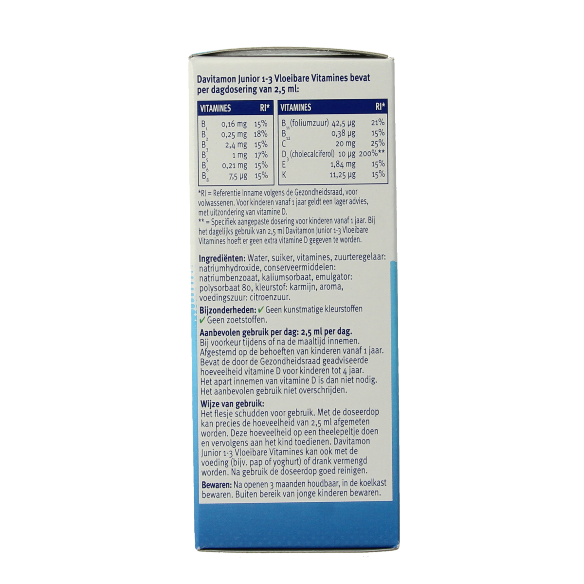 Davitamon Junior 1+ raspberry liquid multivitamin in a 100ml bottle, suitable for children, with a colorful label.