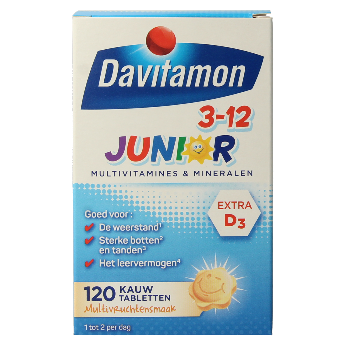 Davitamon Junior 3-12 multifruit vitamin chewable tablets in colorful packaging for children aged 3-12.