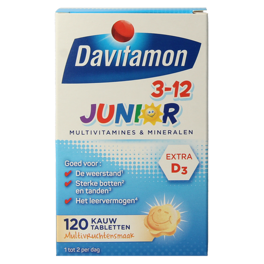 Davitamon Junior 3-12 multifruit vitamin chewable tablets in colorful packaging for children aged 3-12.