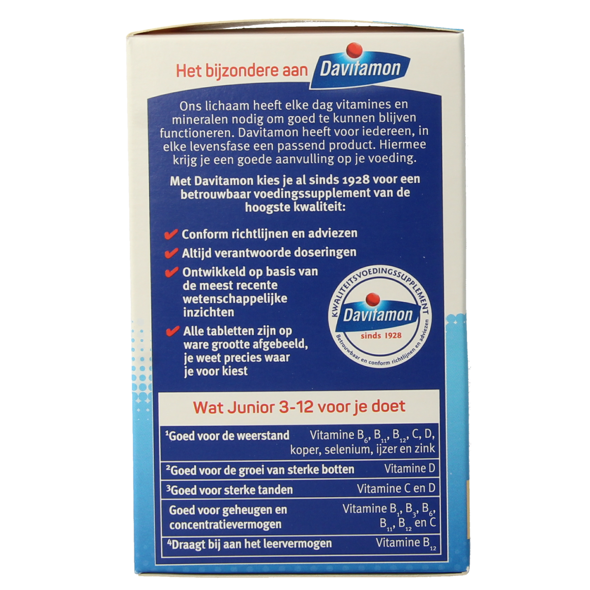Davitamon Junior 3-12 multifruit chewable vitamin tablets, colorful multivitamin supplement for children.