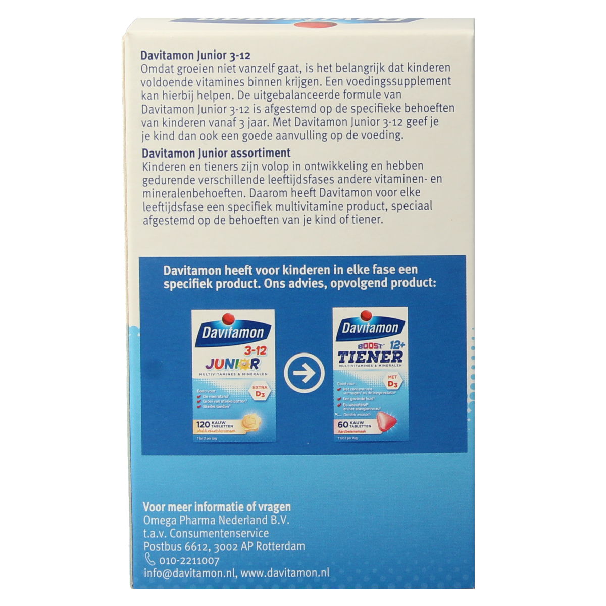 Davitamon Junior 3-12 multifruit chewable vitamin tablets in a blister pack, suitable for children aged 3 to 12.