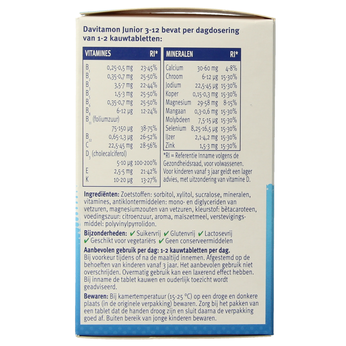 Davitamon Junior 3-12 multifruit chewable vitamins in colorful tablets for children aged 3 to 12.