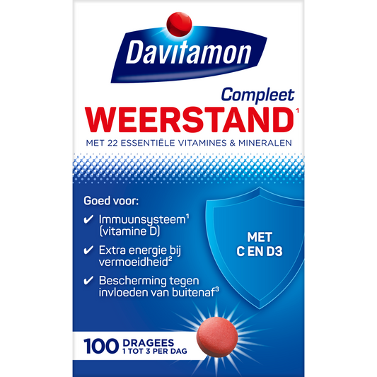 Davitamon Compleet Weerstand multivitamine dragees, close-up of the supplement container and tablets on a white background.