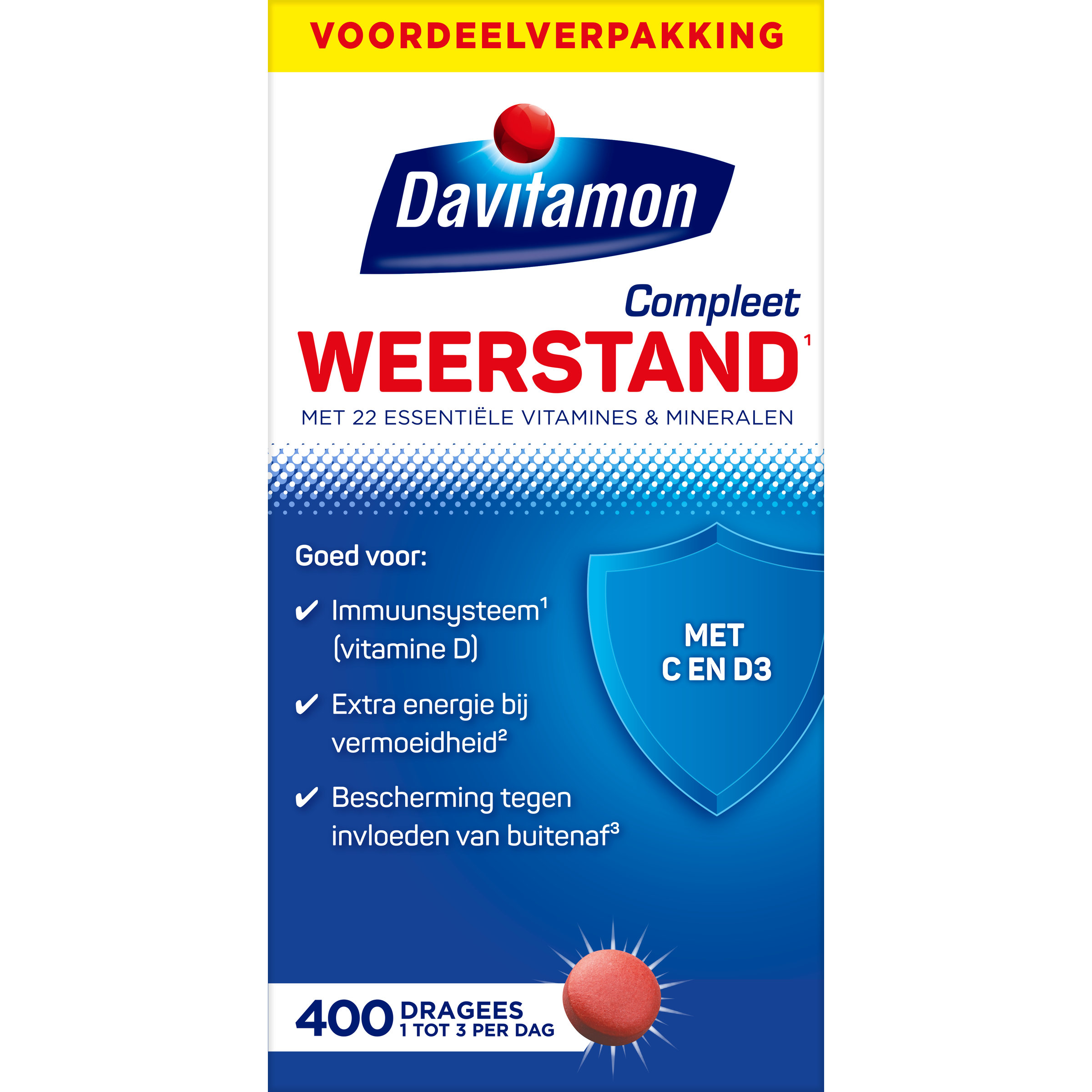 Davitamon Compleet Weerstand multivitamine tabletten in blister pack, dietary supplement for immune support.