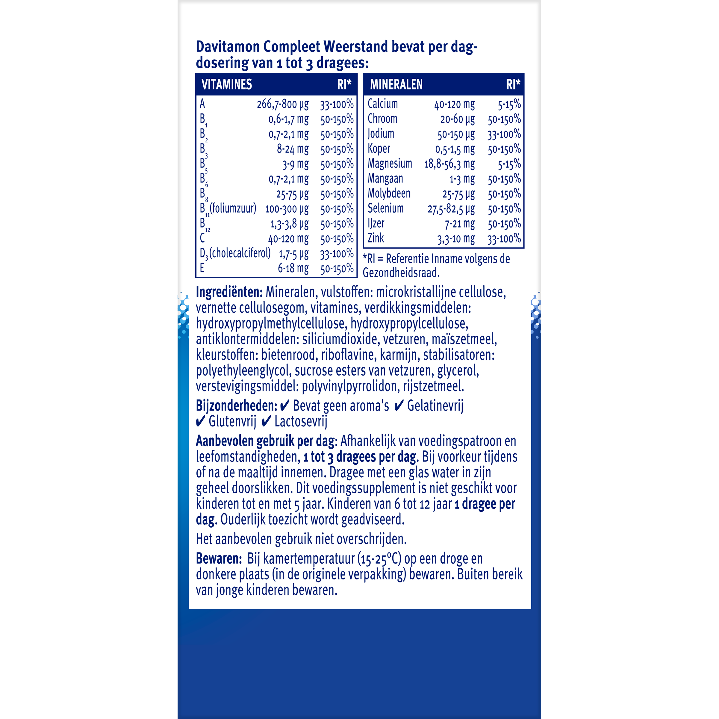 Davitamon Compleet Weerstand multivitamine dragees in a white container with colorful label and tablets inside