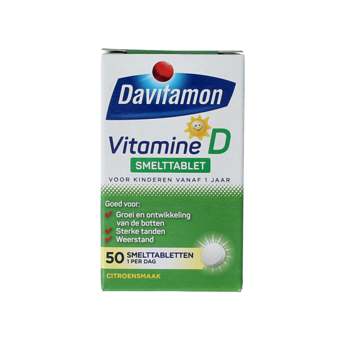 Davitamon Vitamin D kids meltable tablets in a bottle, 50 chewable tablets for children’s vitamin D supplement.