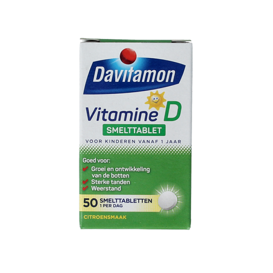 Davitamon Vitamin D kids meltable tablets in a bottle, 50 chewable tablets for children’s vitamin D supplement.