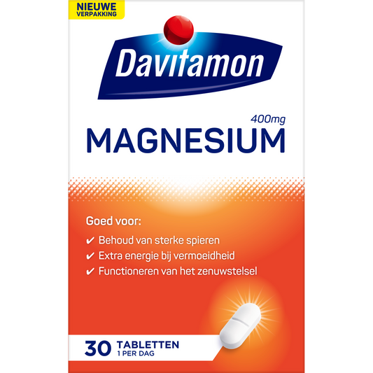 Davitamon Magnesium 400mg mineral tablets, showing a bottle of 30 magnesium supplement tablets with labeling and branding.