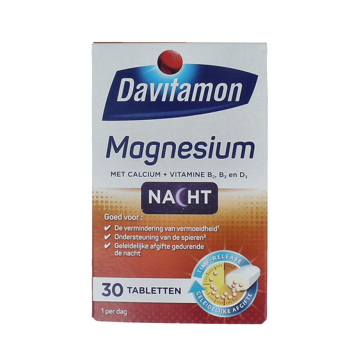 Davitamon Magnesium speciaal voor de nacht mineralen supplement met 30 tabletten, close-up van de verpakking en tabletten