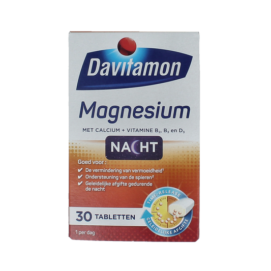 Davitamon Magnesium speciaal voor de nacht mineralen supplement met 30 tabletten, close-up van de verpakking en tabletten